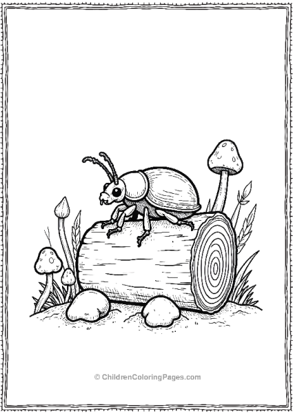 A Beetle On A Log With Simplified Mushrooms And Tiny Flowers Free PDF Printable