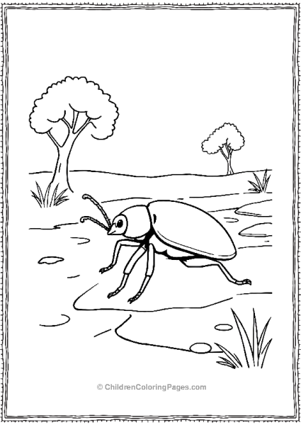 A Beetle Walking On A Riverbank With A Simple Tree Free PDF Printable