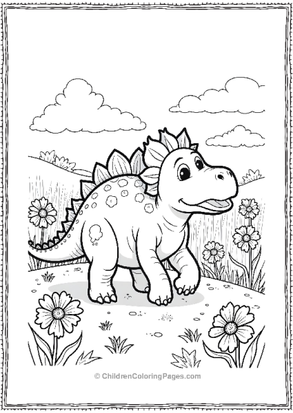 A Cartoon Ankylosaurus Stomping Through A Flower Field Free PDF Printable