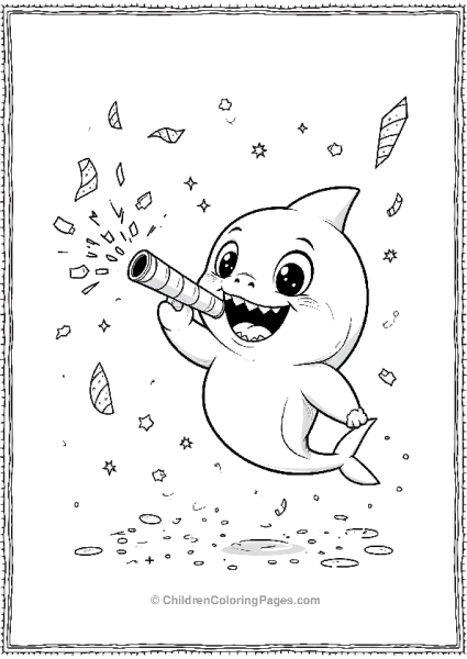 A Cartoon Baby Shark Blowing A Party Horn With Confetti Free PDF Printable