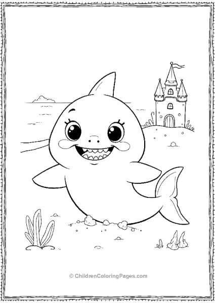 A Cartoon Baby Shark Playing In The Sand With A Sandcastle Free PDF Printable