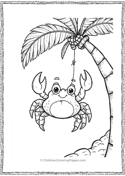 A Cartoon Crab Swinging From A Palm Tree Branch Free PDF Printable