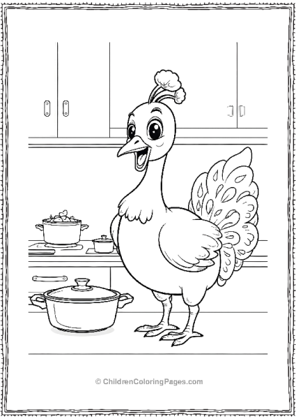 A Cartoon Peacock Cooking In A Kitchen With Tiny Pots Free PDF Printable