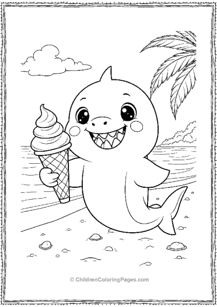 A Cartoon Shark Holding An Ice Cream Cone With A Beach Background Free PDF Printable