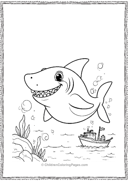 A Cartoon Shark With A Tiny Boat Floating Nearby Free PDF Printable