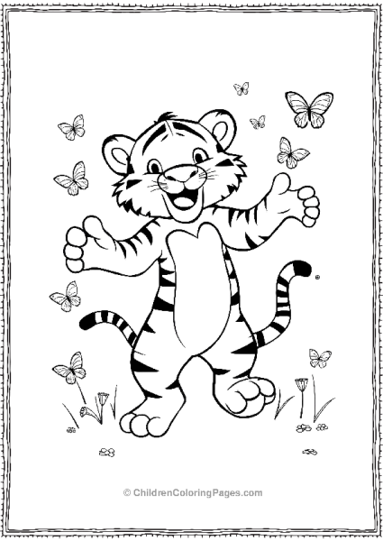 A Cartoon Tiger Dancing With Butterflies Around Free PDF Printable