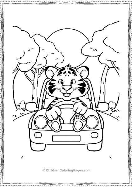 A Cartoon Tiger Driving A Car With Trees And Sun Free PDF Printable