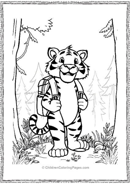 A Cartoon Tiger Exploring A Forest With A Backpack Free PDF Printable