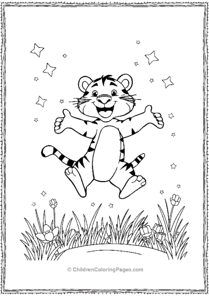 A Cartoon Tiger Jumping Happily Through A Meadow Free PDF Printable