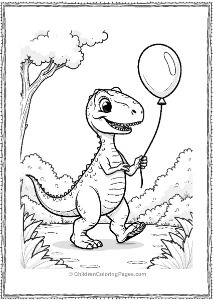 A Cartoon Velociraptor Holding A Balloon And Walking Free PDF Printable