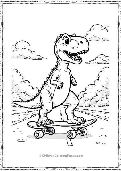 A Cartoon Velociraptor Riding A Skateboard On A Sidewalk Free PDF Printable