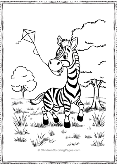 A-Cartoon-Zebra-Flying-A-Kite-In-A-Field-With-Tree Free PDF Printable