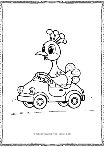 A Cute Cartoon Peacock Driving A Tiny Car Free PDF Printable