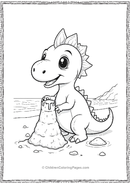 A Cute Dilophosaurus Building A Sandcastle At The Beach Free PDF Printable