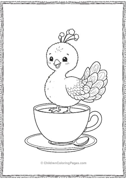 A Cute Kawaii Peacock Standing In A Cup Of Tea Smiling Free PDF Printable