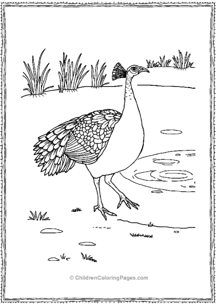 A Detailed Peacock Walking Along The Shore Of A Small Lake Free PDF Printable