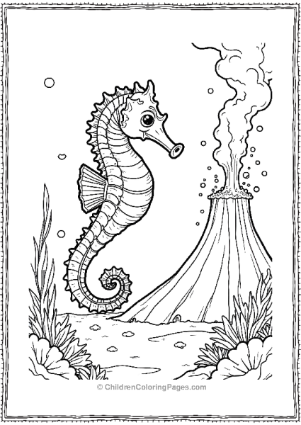 A Detailed Seahorse Floating Near An Underwater Volcano Free PDF Printable