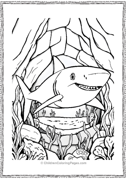 A Detailed Shark Swimming In Front Of A Small Underwater City Free PDF Printable