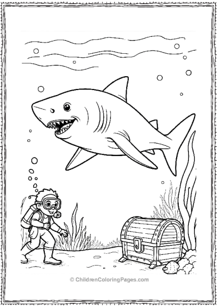 A Detailed Shark Underwater With A Scuba Diver Near Free PDF Printable