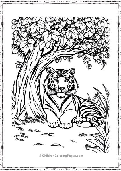 A Detailed Tiger Resting Under A Tree Free PDF Printable