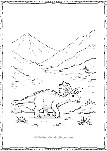 A Dilophosaurus Grazing Near A River With Mountains Free PDF Printable