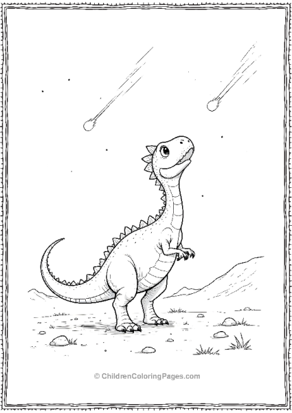 A Dilophosaurus Looking Up At A Meteor Shower Free PDF Printable