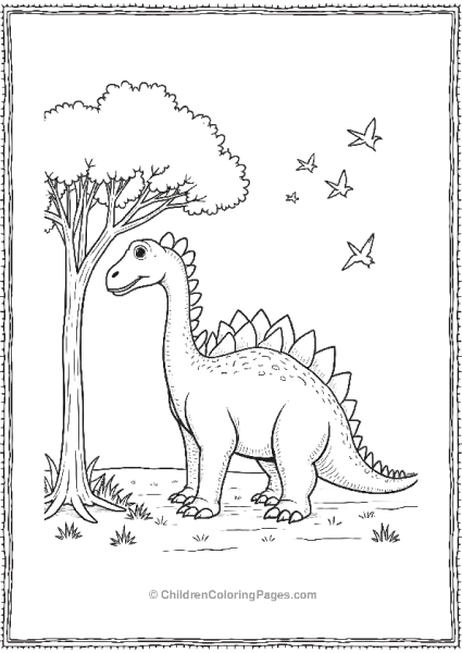 A Dilophosaurus Standing Under A Tree With Birds Free PDF Printable