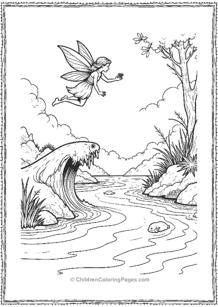 A Fairy Flying Above The Waves Of A Detailed River Free PDF Printable