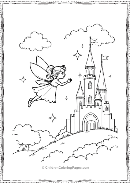 A Fairy Flying In Front Of A Castle With Large Clouds Free PDF Printable