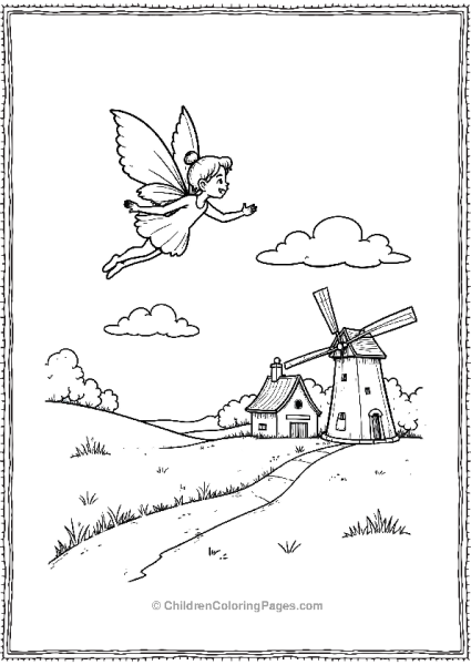 A Fairy Flying Over A Village With A Windmill Free PDF Printable