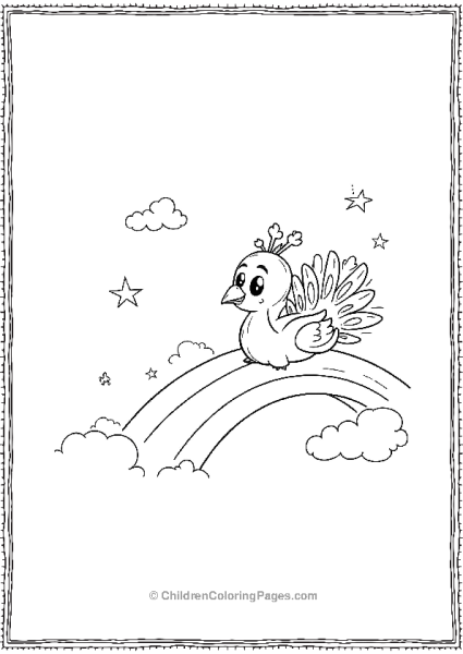 A Fun Cartoon Peacock Sliding Down A Rainbow Free PDF Printable