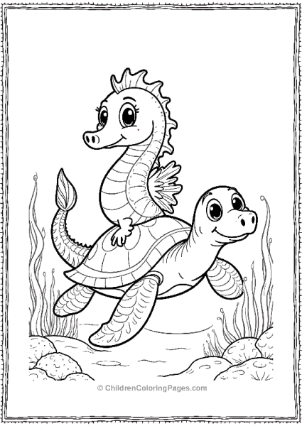 A Funny Seahorse Riding A Sea Turtle Through The Ocean Free PDF Printable