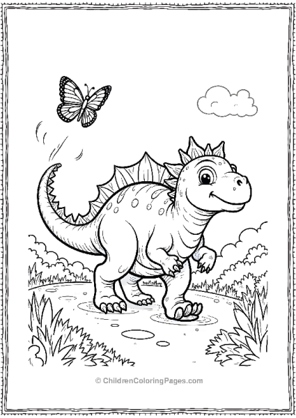 A Happy Ankylosaurus Running After A Butterfly In A Meadow Free PDF Printable