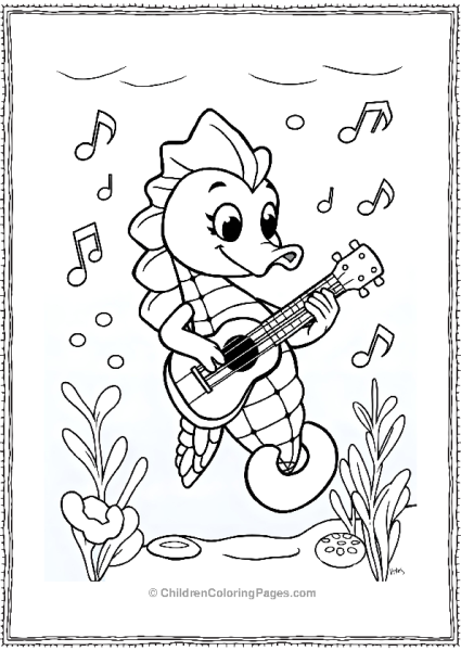 A Happy Cartoon Seahorse Playing A Ukulele Free PDF Printable