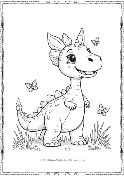 A Happy Dilophosaurus Standing In A Field With Butterflies Free PDF Printable