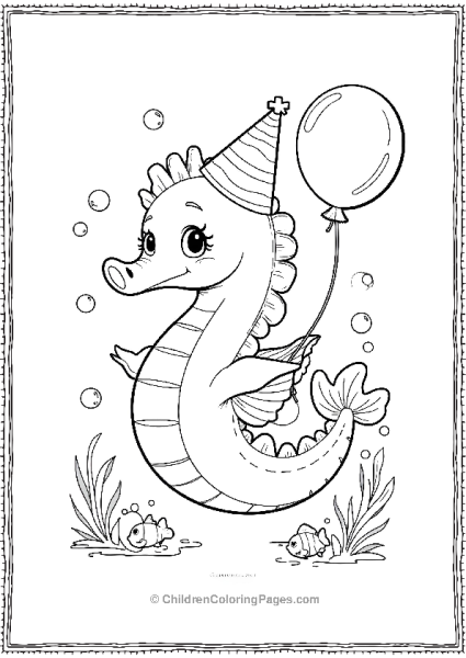 A Joyful Seahorse Wearing A Party Hat And Holding Balloons Free PDF Printable