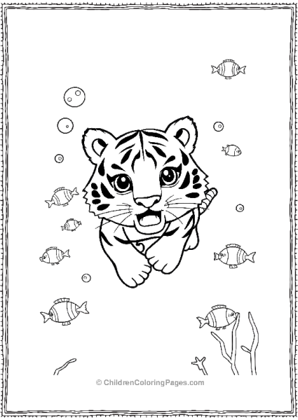 A KAWAII Tiger Swimming Underwater With Fish Free PDF Printable