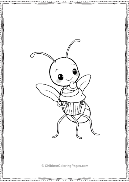 A Kawaii Ant Carrying A Mini Cupcake With Simple Outline Free PDF Printable