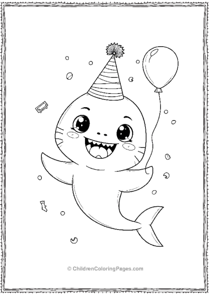 A Kawaii Baby Shark Wearing A Tiny Party Hat Free PDF Printable