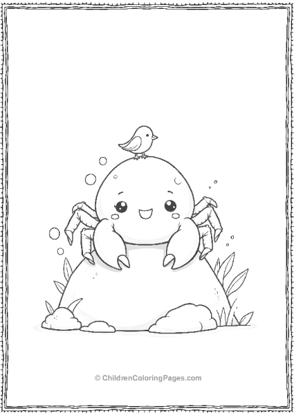 A Kawaii Crab Sitting On A Rock With A Small Bird Free PDF Printable