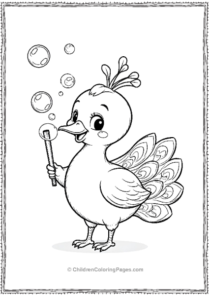 A Kawaii Peacock Blowing Bubbles With A Wand Free PDF Printable