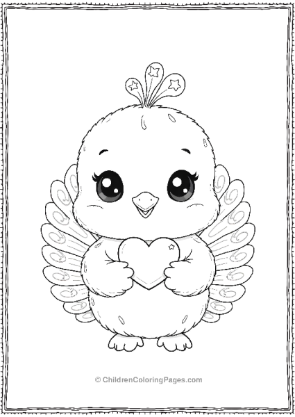 A Kawaii Peacock With Large Eyes Holding A Tiny Heart Free PDF Printable