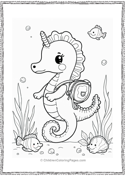 A Kawaii Seahorse Wearing A Tiny Backpack Swimming Free PDF Printable