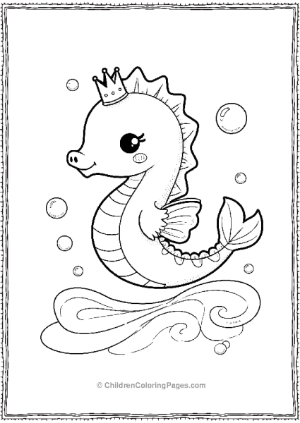 A Kawaii Seahorse With A Little Crown Riding A Wave Free PDF Printable