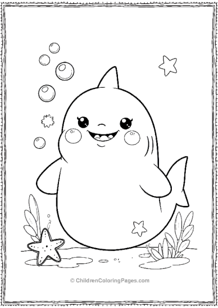 A Kawaii Shark Blowing Bubbles With Tiny Starfish Free PDF Printable