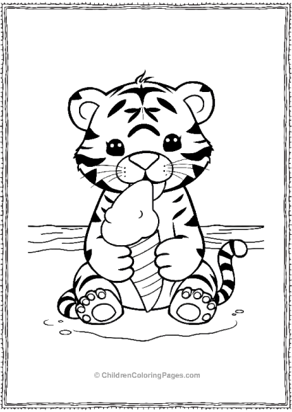 A Kawaii Tiger Eating Ice Cream On A Beach Free PDF Printable