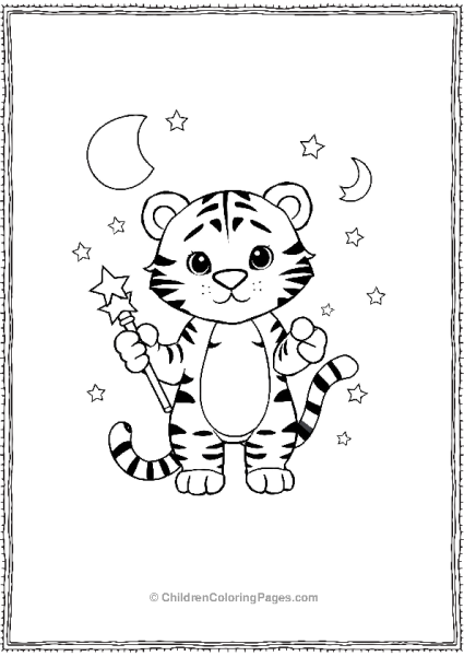 A Kawaii Tiger Holding A Wand With Stars And Moons Free PDF Printable