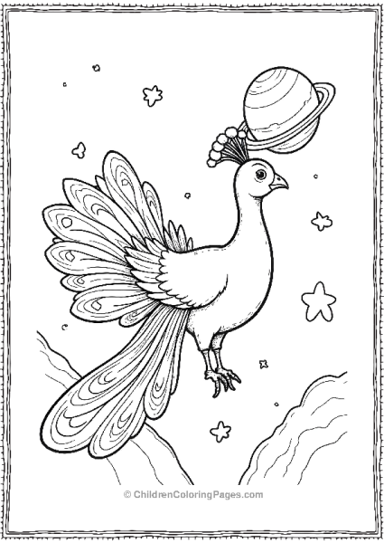 A Peacock Exploring Outer Space With Planets Free PDF Printable