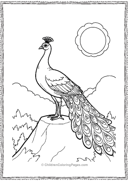 A Peacock On A Mountaintop With Clouds And A Sun Free PDF Printable