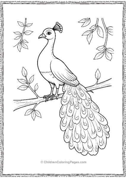 A Peacock Perched On A Branch With Its Tail Cascading Free PDF Printable